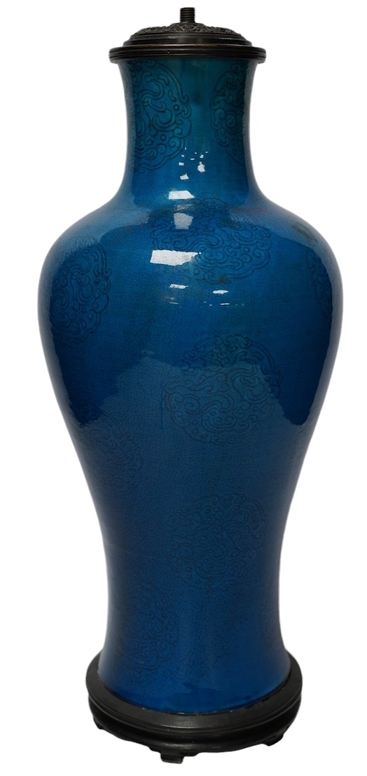 A Chinese blue glazed vase converted to a lamp base, 47cm high. Condition - fair, crazing throughout